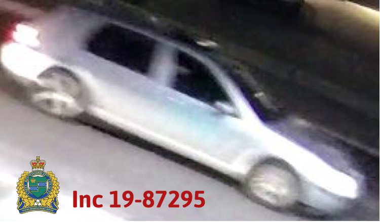 Police are looking for a four-door silver Volkswagen Golf with a light blue patch on the front passenger door. The front silver rims are different than the rear silver rims.