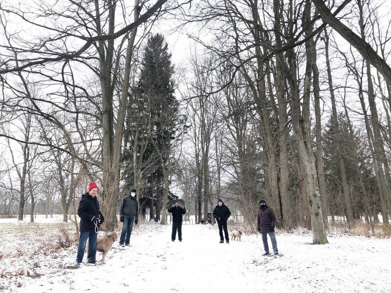 The group on a snowy walk at the Commons, Don Cruikshank (with Lala), Larry Mantle, Paul Jacot, Ken Porter (with Teddy making a cameo) and Norm Arsenault. (Kevin MacLean photo)